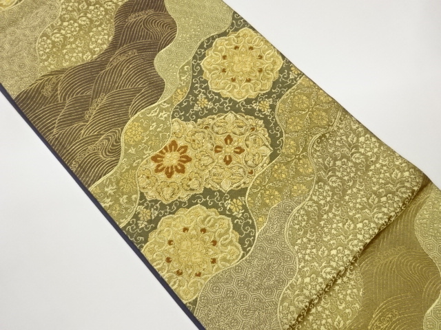 JAPANESE KIMONO / FUKURO OBI / WOVEN ROUGH WAVE & FLOWER CREST 